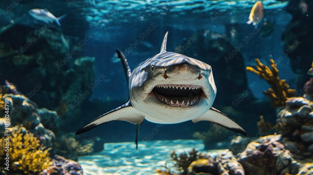 Fototapeta premium Shark's Open Mouth in Aquarium Tank