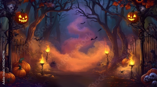 Enchanted Halloween Night Party in a Dark Forest Illuminated by Torches and Spooky Pumpkins