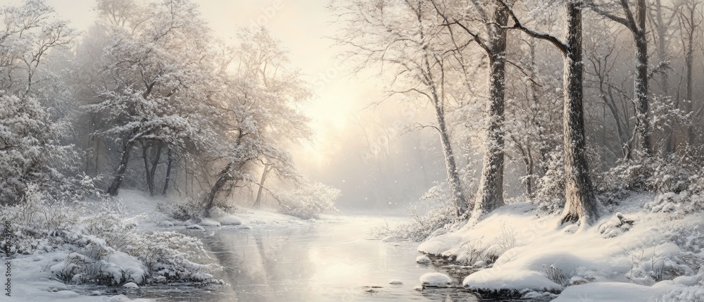 Capture a stunningly realistic image of the first winter landscape, with snow gently blanketing the ground, frost-kissed trees, and soft light illuminating the peaceful, untouched beauty of the season Capture a stunningly realistic image of the first winter landscape, with snow gently blanketing the ground, frost-kissed trees, and soft light illuminating the peaceful, untouched beauty of the season