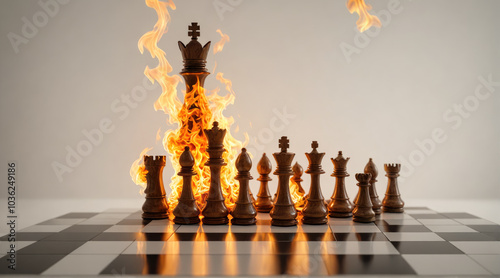 Burning king on chessboard with figures. symbolizing leadership turmoil. dramatic reflection of psychological struggles