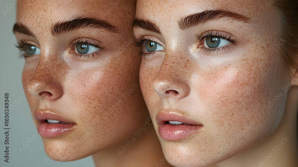 Obraz premium Facial transformation after combined Botox and melasma spot reduction, focusing on smoother skin texture and even tone, Photorealistic, Soft Focus