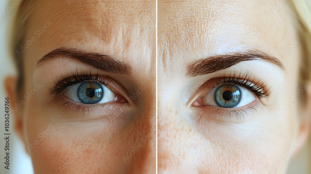Fototapeta premium Blog post on Botox for facial rejuvenation, featuring detailed before-and-after photos of the forehead and eyes, illustrating wrinkle removal and skin smoothing, Photorealistic