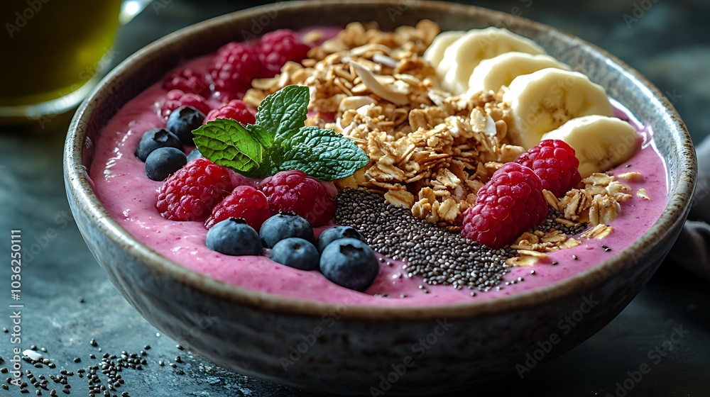 A bowl of pink smoothie topped with raspberries, blueberries, bananas, granola, chia seeds, and mint. A bowl of pink smoothie topped with raspberries, blueberries, bananas, granola, chia seeds, and mint.