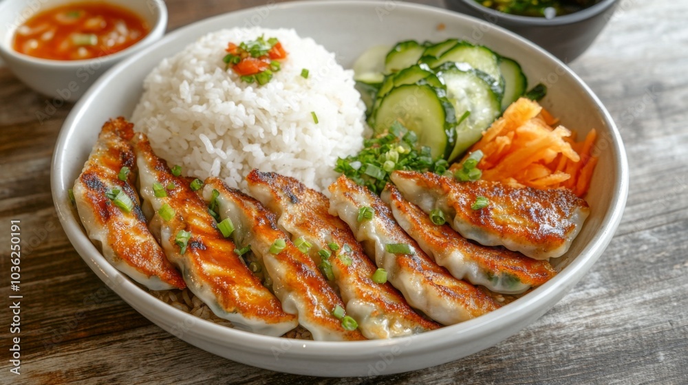 Delicious Asian Cuisine with Rice and Dumplings Delicious Asian Cuisine with Rice and Dumplings