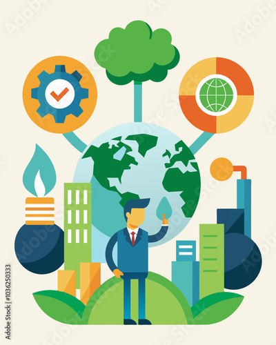 An organization conducts regular environmental impact assessments and takes necessary actions to mitigate and offset any negative effects of its operations on the environment.. Vector illustration