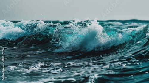 Ocean wave splashing in a turbulent sea. Nature power and aquatic environment concept for marine-themed design or wallpaper.