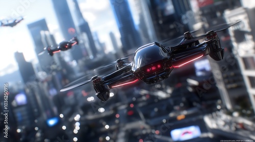 A futuristic city skyline is highlighted by sleek drones flying through the air, showcasing advanced technology and urban life.