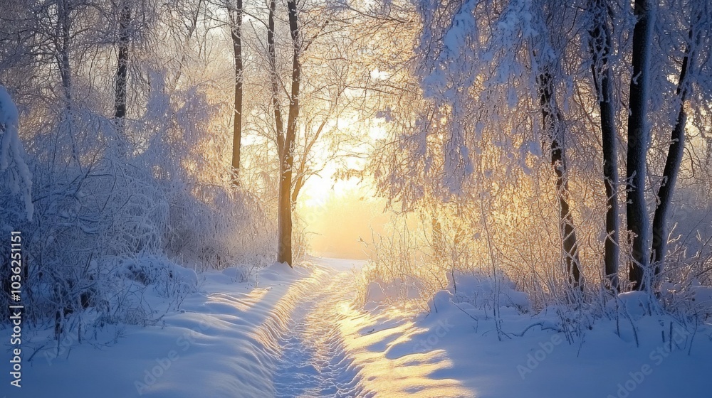 A serene pathway meanders through a snowy forest, with trees adorned in frost. A serene pathway meanders through a snowy forest, with trees adorned in frost.
