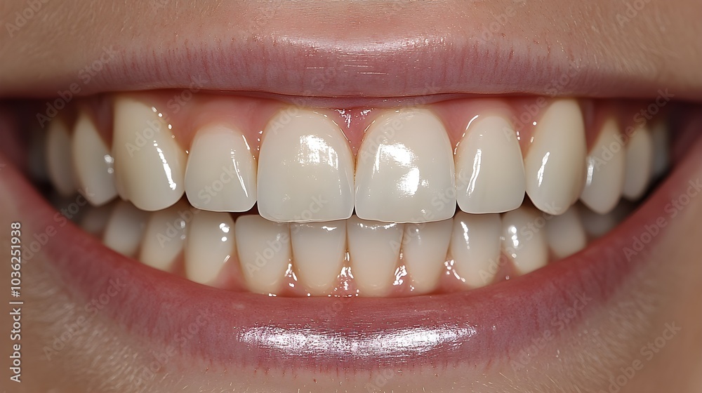 Fototapeta premium Close-up of a patient's smile, with before-and-after professional whitening results, focusing on the enhanced brightness and clarity, Photorealistic, High Resolution