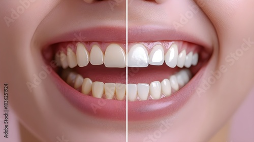 Step-by-step infographic on teeth whitening, illustrating the process from preparation to application, with before-and-after images of a noticeably brighter smile