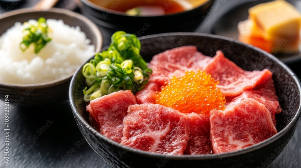A Bowl of Fresh Wagyu Beef with Rice and Toppings A Bowl of Fresh Wagyu Beef with Rice and Toppings