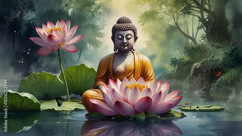 buddha with lotus flower and lotus