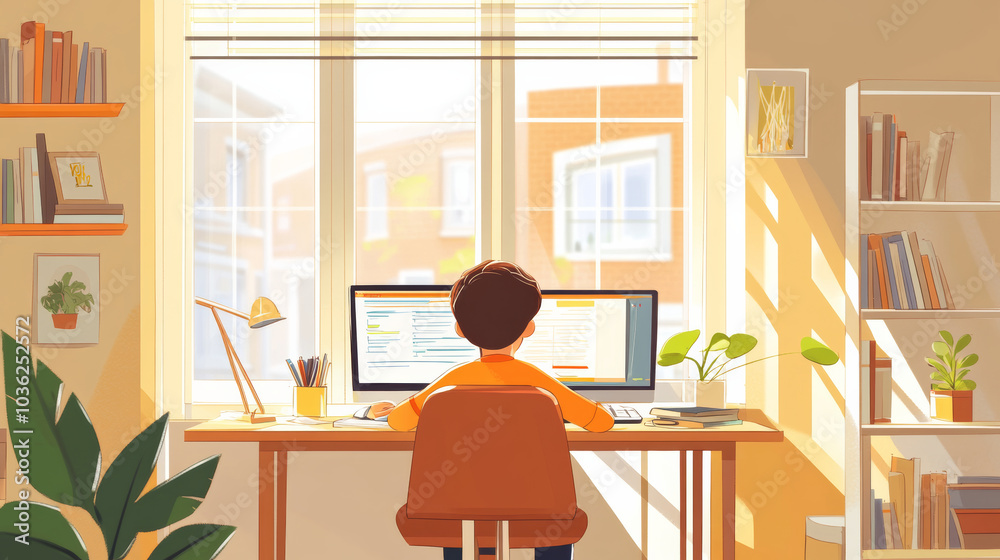 The little boy sitting in front of the computer doing homework The little boy sitting in front of the computer doing homework