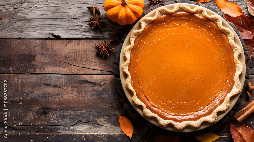 Pumpkin pie for thanksgiving dinner on rustic table with blank space. generative ai Pumpkin pie for thanksgiving dinner on rustic table with blank space. generative ai