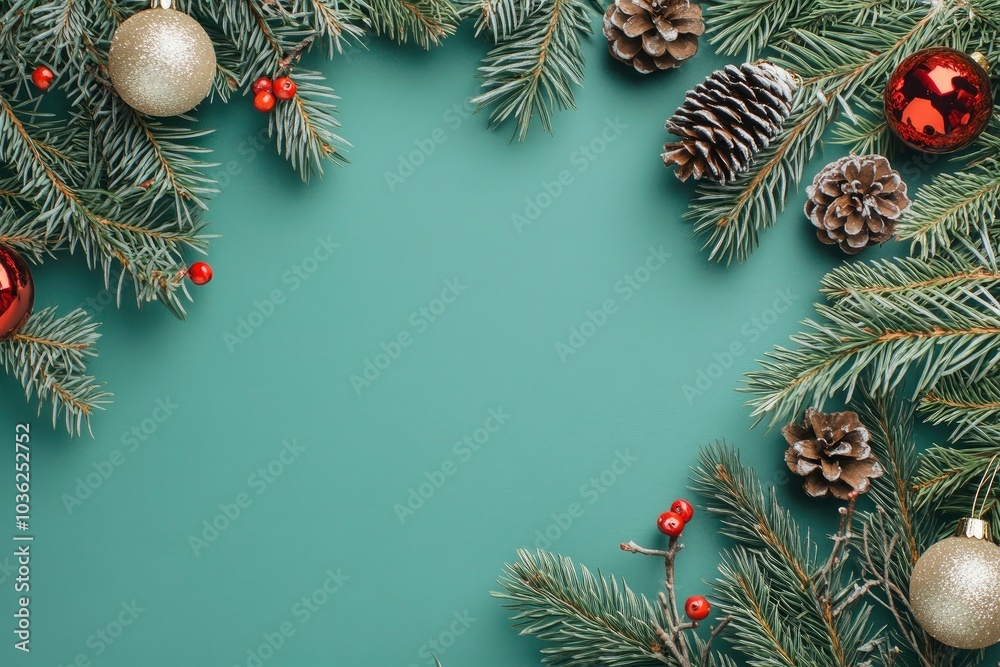 Christmas card mock up. Modern greeting card flat lay with stylish christmas decorations and fir branches on green background. Empty postcard template with space for text. Merry Christmas, ai Christmas card mock up. Modern greeting card flat lay with stylish christmas decorations and fir branches on green background. Empty postcard template with space for text. Merry Christmas, ai