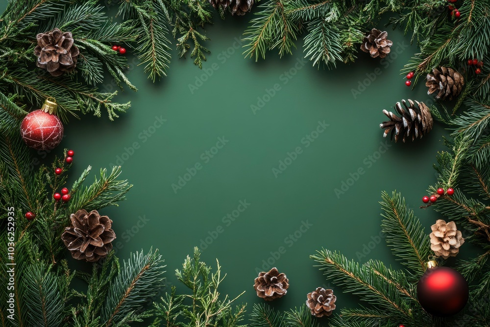Christmas card mock up. Modern greeting card flat lay with stylish christmas decorations and fir branches on green background. Empty postcard template with space for text. Merry Christmas, ai Christmas card mock up. Modern greeting card flat lay with stylish christmas decorations and fir branches on green background. Empty postcard template with space for text. Merry Christmas, ai