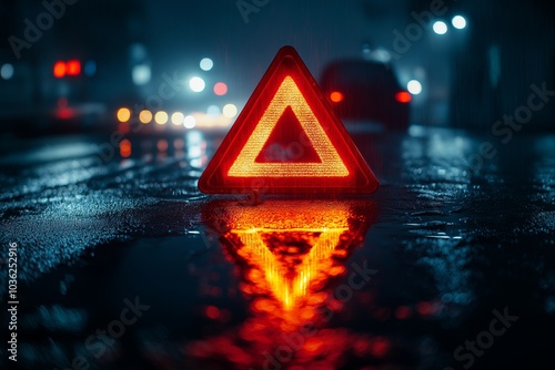 Red emergency triangle warning sign on wet asphalt road. Abstract background.