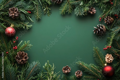 Christmas card mock up. Modern greeting card flat lay with stylish christmas decorations and fir branches on green background. Empty postcard template with space for text. Merry Christmas, ai