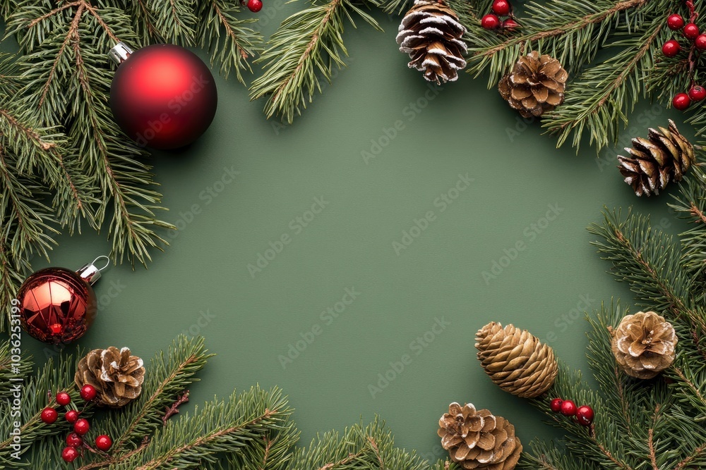 Christmas card mock up. Modern greeting card flat lay with stylish christmas decorations and fir branches on green background. Empty postcard template with space for text. Merry Christmas, ai Christmas card mock up. Modern greeting card flat lay with stylish christmas decorations and fir branches on green background. Empty postcard template with space for text. Merry Christmas, ai