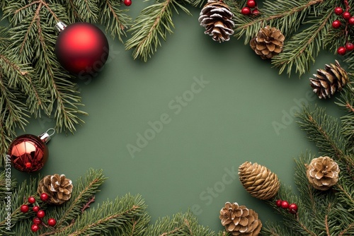 Christmas card mock up. Modern greeting card flat lay with stylish christmas decorations and fir branches on green background. Empty postcard template with space for text. Merry Christmas, ai