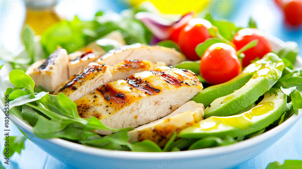 Approach to a plate with roasted chicken breast accompanied by lettuce, tomatoes and avocado Approach to a plate with roasted chicken breast accompanied by lettuce, tomatoes and avocado