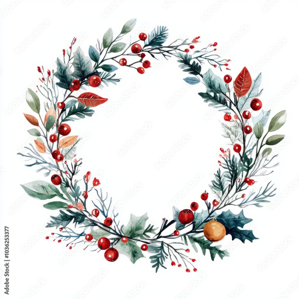 Naklejka premium Retro christmas wreath watercolor, great design for any purposes. Watercolor illustration. Invitation card design. Invitation banner design. Vector frame. isolated on white background 