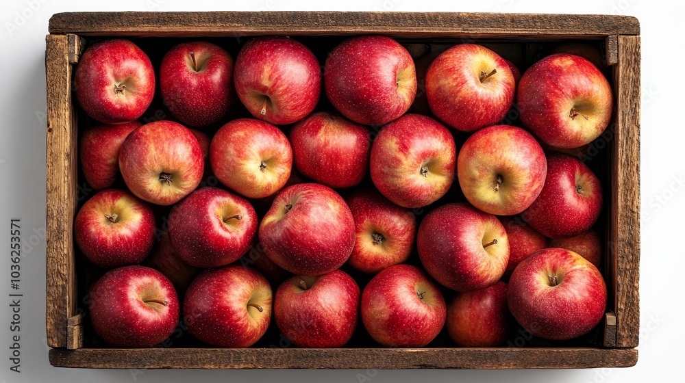 Top view of glossy red apples stacked in a rustic wooden box, isolated against a transparent background, detailed texture, perfect for product design Top view of glossy red apples stacked in a rustic wooden box, isolated against a transparent background, detailed texture, perfect for product design