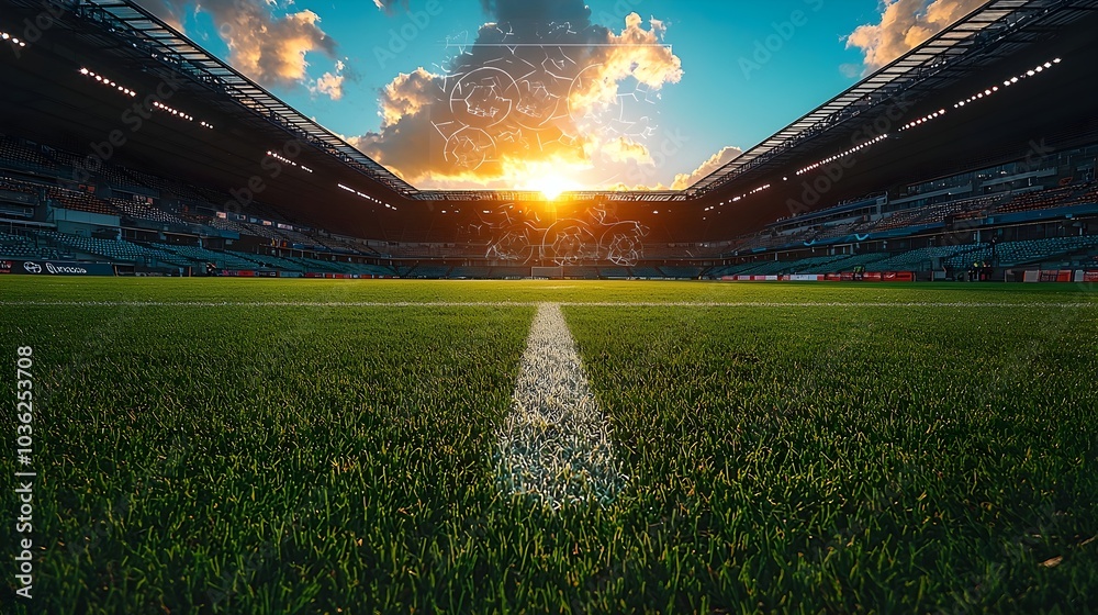 Obraz premium A photograph of a futuristic football stadium with holographic formations and tactics displayed above the center of the pitch The clear copy space is visible in the stands and the sky
