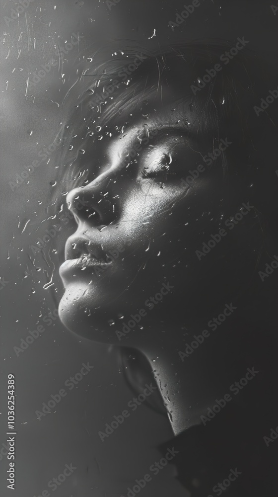 Woman's Face Through Rain-Streaked Window: A Moment of Reflection Woman's Face Through Rain-Streaked Window: A Moment of Reflection