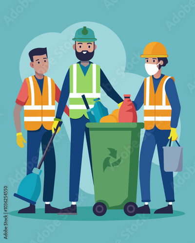 At the end of their shift the workers at the waste sorting facility are covered in grime and dust having successfully separated countless recyclable materials from the garbage.. Vector illustration