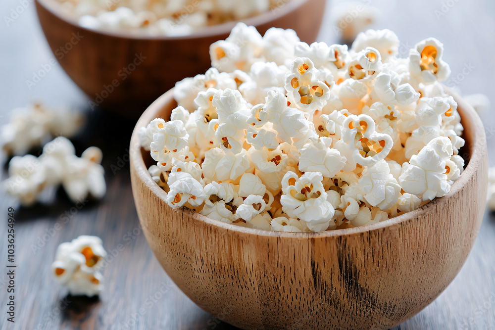 raw popcorn kernels in wooden bowls, rustic table setting raw popcorn kernels in wooden bowls, rustic table setting