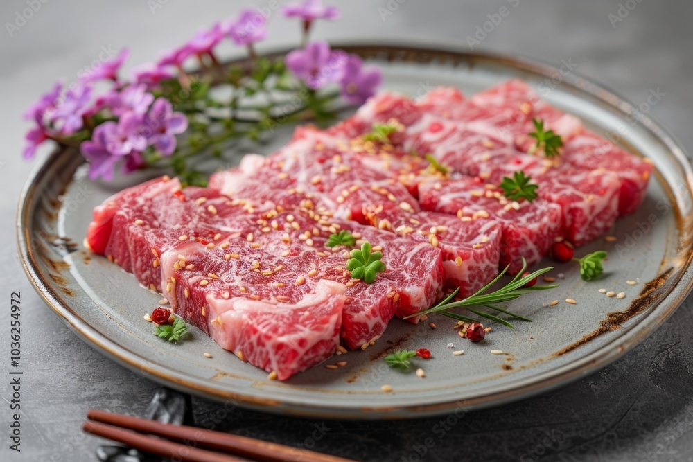 Pieces of marbled red meat arranged on a gray plate with herbs and purple flowers. Concept of gourmet cuisine and elegant presentation. For food photography or culinary blogs. Pieces of marbled red meat arranged on a gray plate with herbs and purple flowers. Concept of gourmet cuisine and elegant presentation. For food photography or culinary blogs.