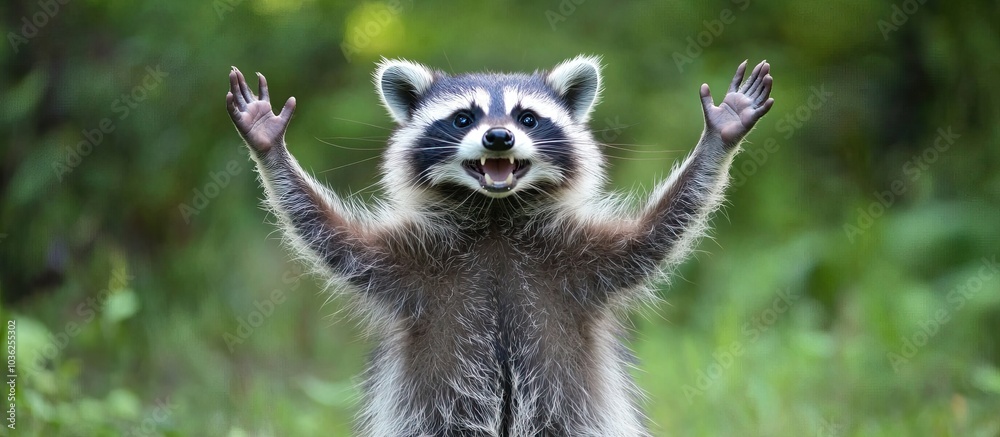 Fototapeta premium Playful Raccoon with Open Paws and a Big Grin