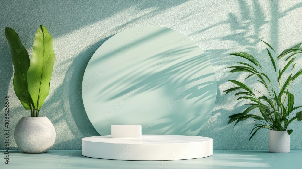 3d empty light green display with plants 3d empty light green display with plants