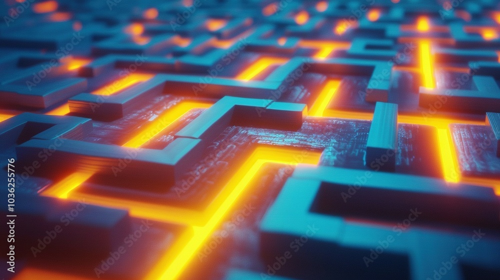 A Blue and Orange Abstract Maze with Glowing Lines A Blue and Orange Abstract Maze with Glowing Lines