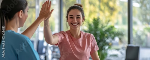 A smiling patient and therapist high-five each other in a bright, supportive rehabilitation setting, celebrating progress and teamwork in recovery.