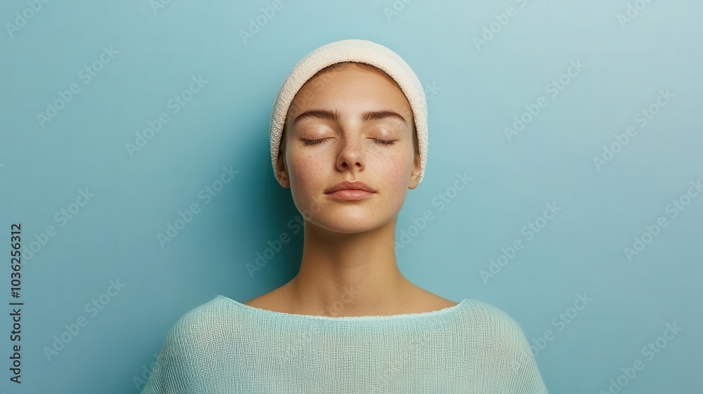 A serene woman with closed eyes meditates peacefully against a blue background, emphasizing mindfulness, calm, and relaxation in a minimalist setting. A serene woman with closed eyes meditates peacefully against a blue background, emphasizing mindfulness, calm, and relaxation in a minimalist setting.