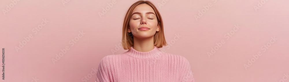 A woman with closed eyes meditates peacefully against a pink background, wearing a pink sweater, promoting relaxation and mindfulness. A woman with closed eyes meditates peacefully against a pink background, wearing a pink sweater, promoting relaxation and mindfulness.