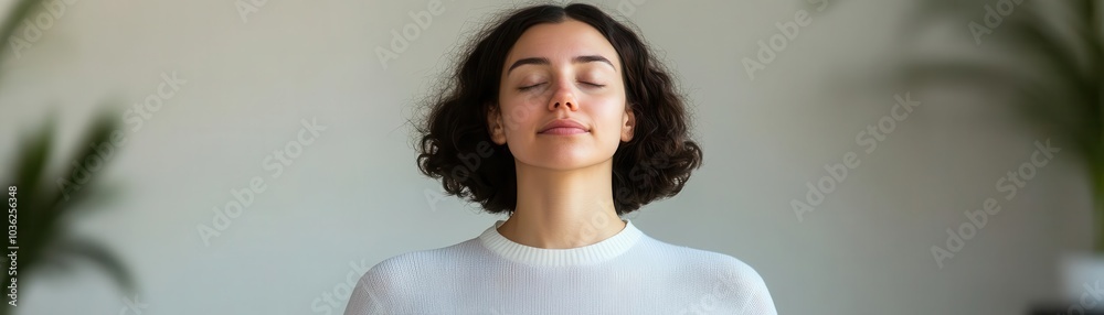 A woman with eyes closed practices mindful breathing indoors, finding calm and relaxation in a peaceful, natural light setting.