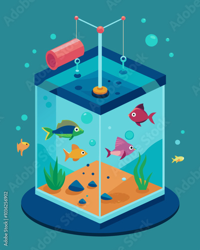 An interactive art installation in the shape of a contaminated fish tank highlighting the damaging effects of water pollution.. Vector illustration
