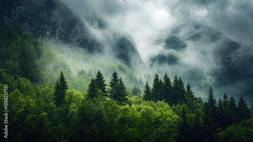 A misty mountain scene with lush green trees and a dramatic, cloudy sky.