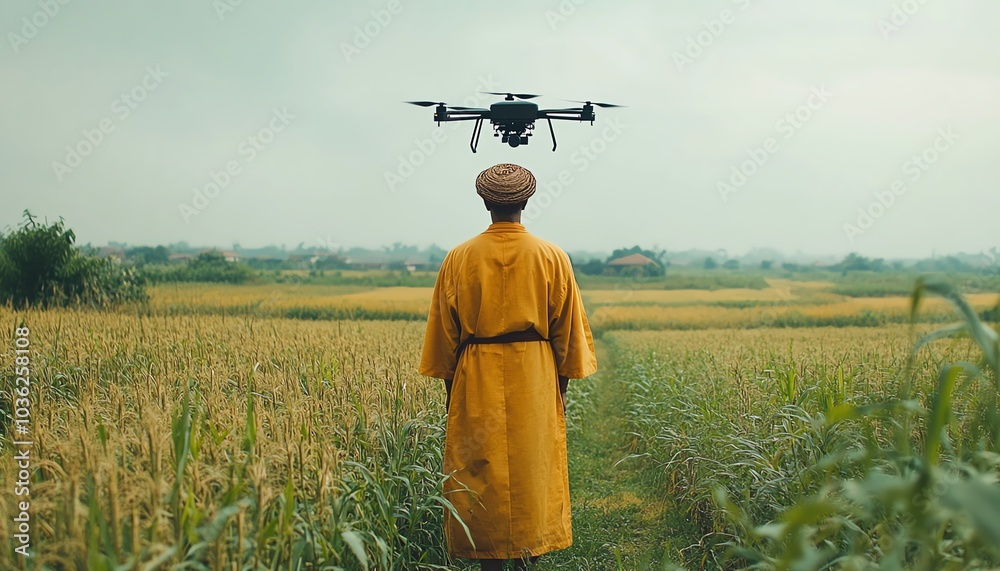 Farmer in traditional attire operating a drone to apply fertilizer in an agricultural field, showcasing the fusion of tradition and modern technology in farming Farmer in traditional attire operating a drone to apply fertilizer in an agricultural field, showcasing the fusion of tradition and modern technology in farming