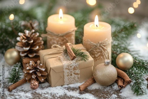 Christmas greeting card with German text Frohe Weihnachten und ein gutes neues Jahr 2024 - Beautiful candle decoration with gift box , ai