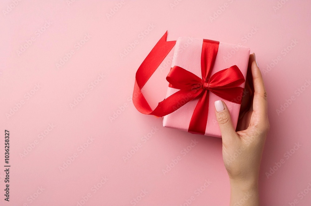 top view photo of hand holding pink giftbox with red satin ribbon bow on isolated pink background with empty space. Valentine's Day gift concept
top view photo of hand holding pink giftbox with red satin ribbon bow on isolated pink background with empty space. Valentine's Day gift concept