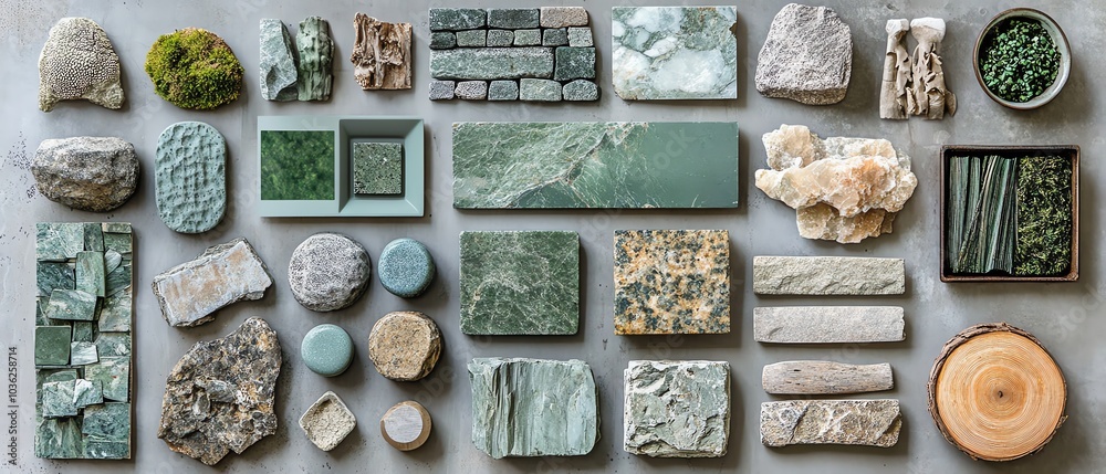 Aesthetic overhead shot of a moodboard featuring green, stone, and wood material samples, perfect for visualizing natural design elements Aesthetic overhead shot of a moodboard featuring green, stone, and wood material samples, perfect for visualizing natural design elements