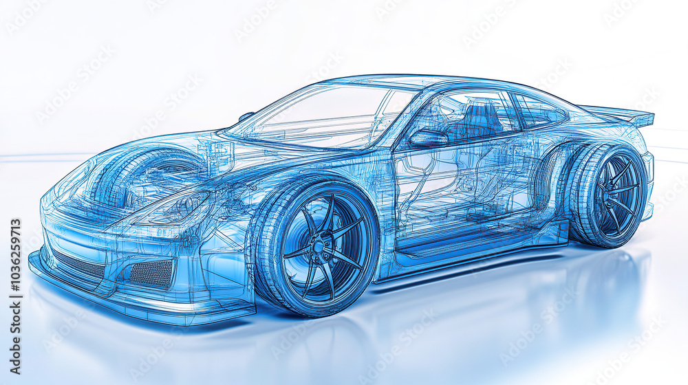 Car blueprint line draft on white background, 3D rendered illustration Car blueprint line draft on white background, 3D rendered illustration