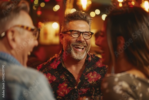 Group of friends having fun together in a pub. Cheerful senior man in eyeglasses smiling and looking at the camera.