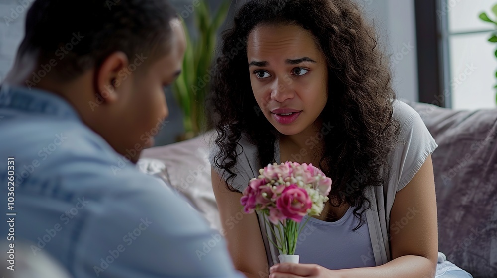 A couple sitting on a sofa in a cozy living room, deeply engaged in conversation, with the woman holding a small bouquet of flowers and the man leaning forward, showing attentive listening. romance A couple sitting on a sofa in a cozy living room, deeply engaged in conversation, with the woman holding a small bouquet of flowers and the man leaning forward, showing attentive listening. romance