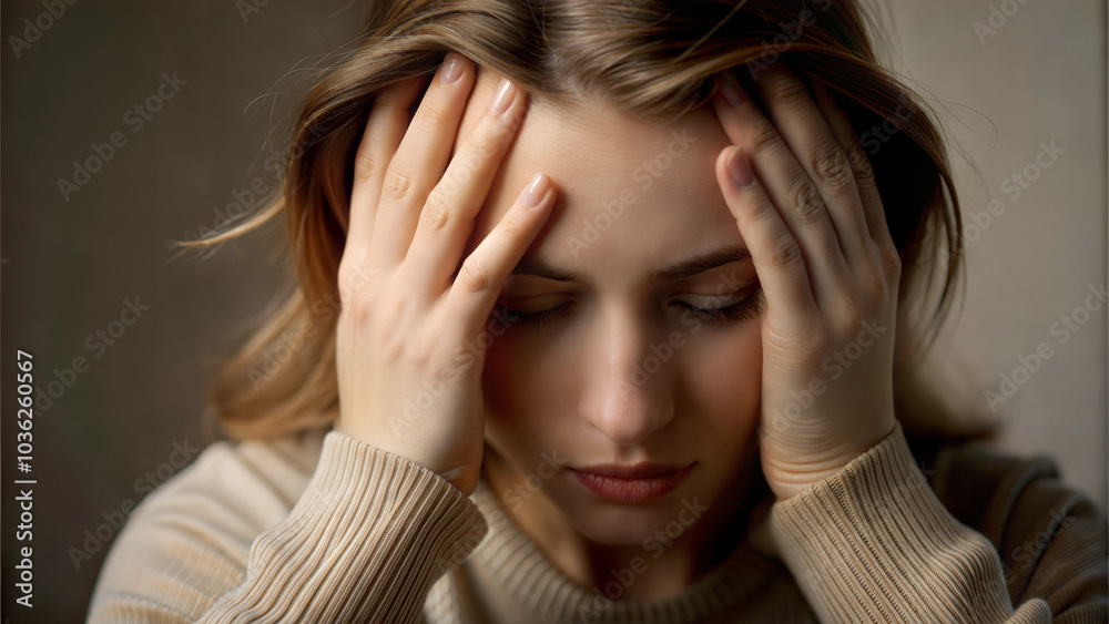 Woman experiencing stress with hands on her head, reflecting anxiety and emotional burden Woman experiencing stress with hands on her head, reflecting anxiety and emotional burden