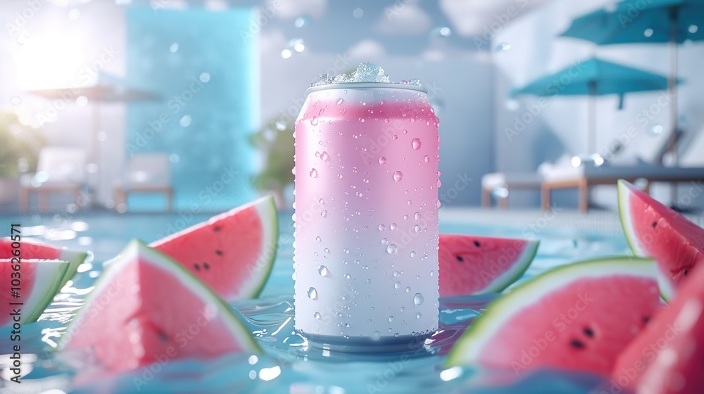 a plain white and pink gradient tin with shimmering water droplets, surrounded by watermelon slices a plain white and pink gradient tin with shimmering water droplets, surrounded by watermelon slices